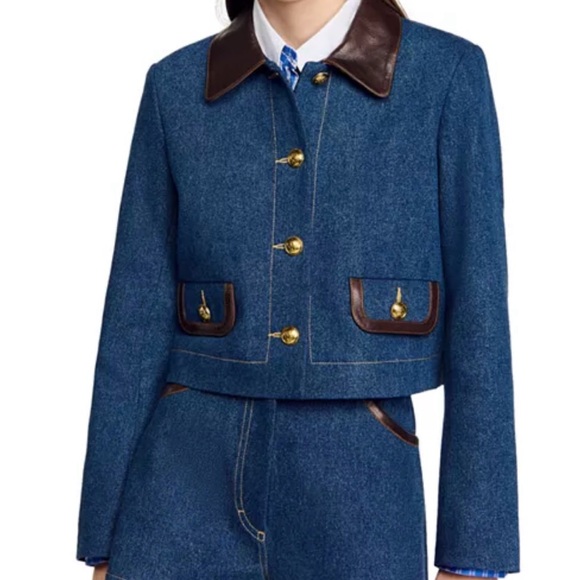 Sandro Denim and Brown Leather Women's Jacket - Picture 1 of 4